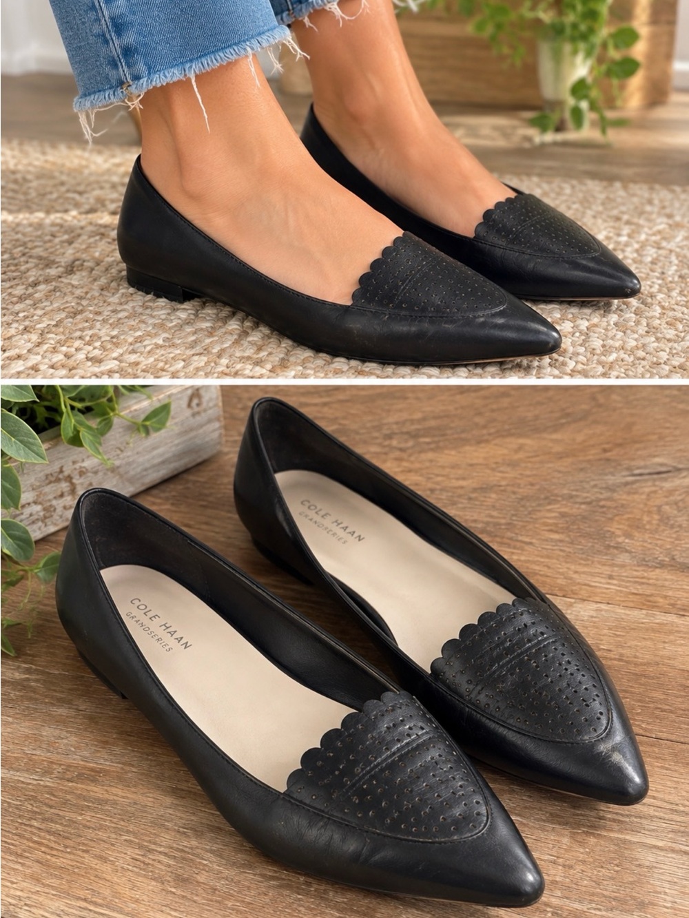 Cole Haan Allison Black Leather Perforated Skimmer Flats - Size 8B